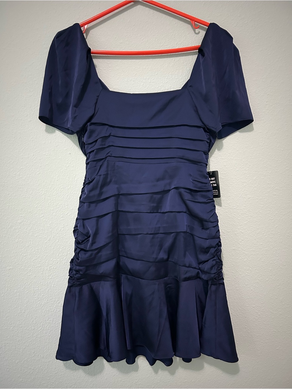 Express Navy Satin Ruched Mini Dress with Ruffle Hem- NWT! - Picture 3 of 7